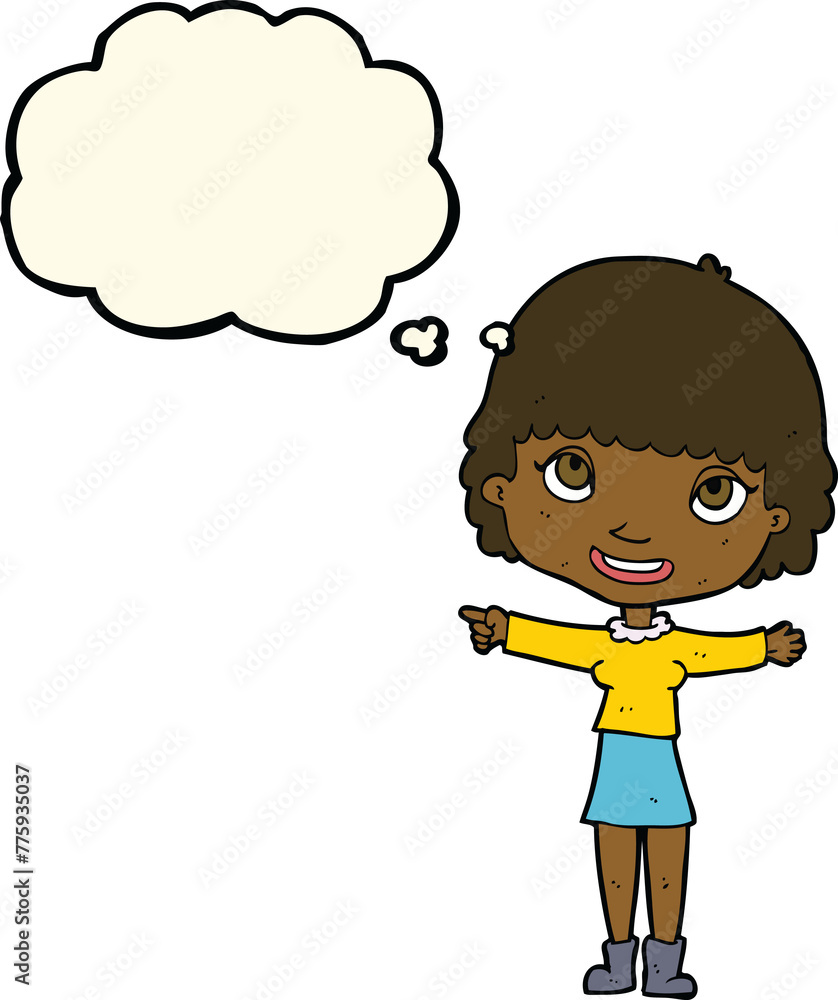 cartoon happy woman pointing with thought bubble cartoon happy woman pointing with thought bubble