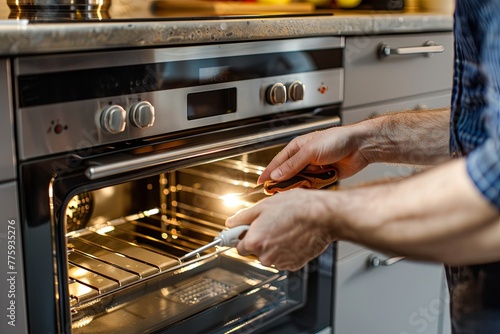 A man installs an oven after assembling the kitchen. generative ai