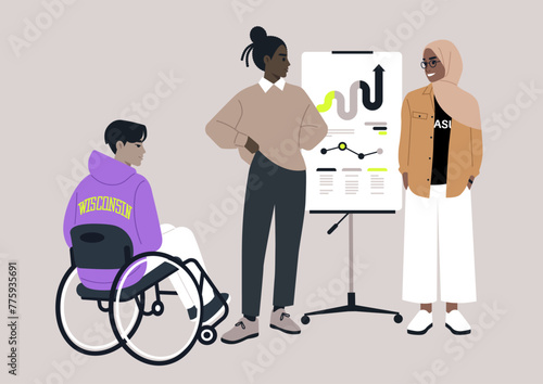 Inclusive Strategy Session at a Modern Office, Team members discuss graphs on a whiteboard, highlighting inclusivity in the workplace