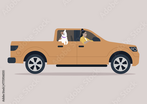 Joyful Journey, dog owner and their Spotted puppy in a Sunny Afternoon Drive, A smiling person drives a pickup truck with their cheerful canine companion by their side