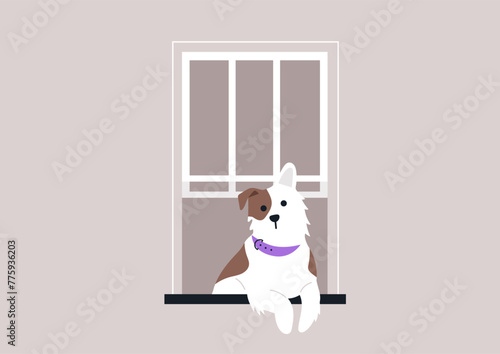 Pensive Pup Gazing Out of a City Window at Dusk, A thoughtful dog sits by the window frame, looking out onto the urban twilight