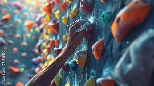 Closeup of hands holding a rock climbing hold, with a bouldering wall in the background