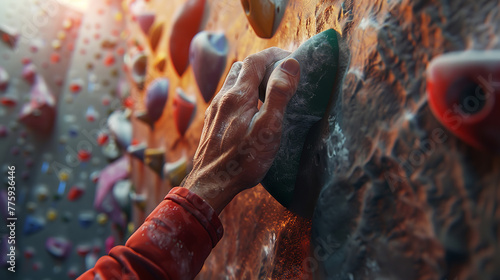 Closeup of hands holding a rock climbing hold, with a bouldering wall in the background photo