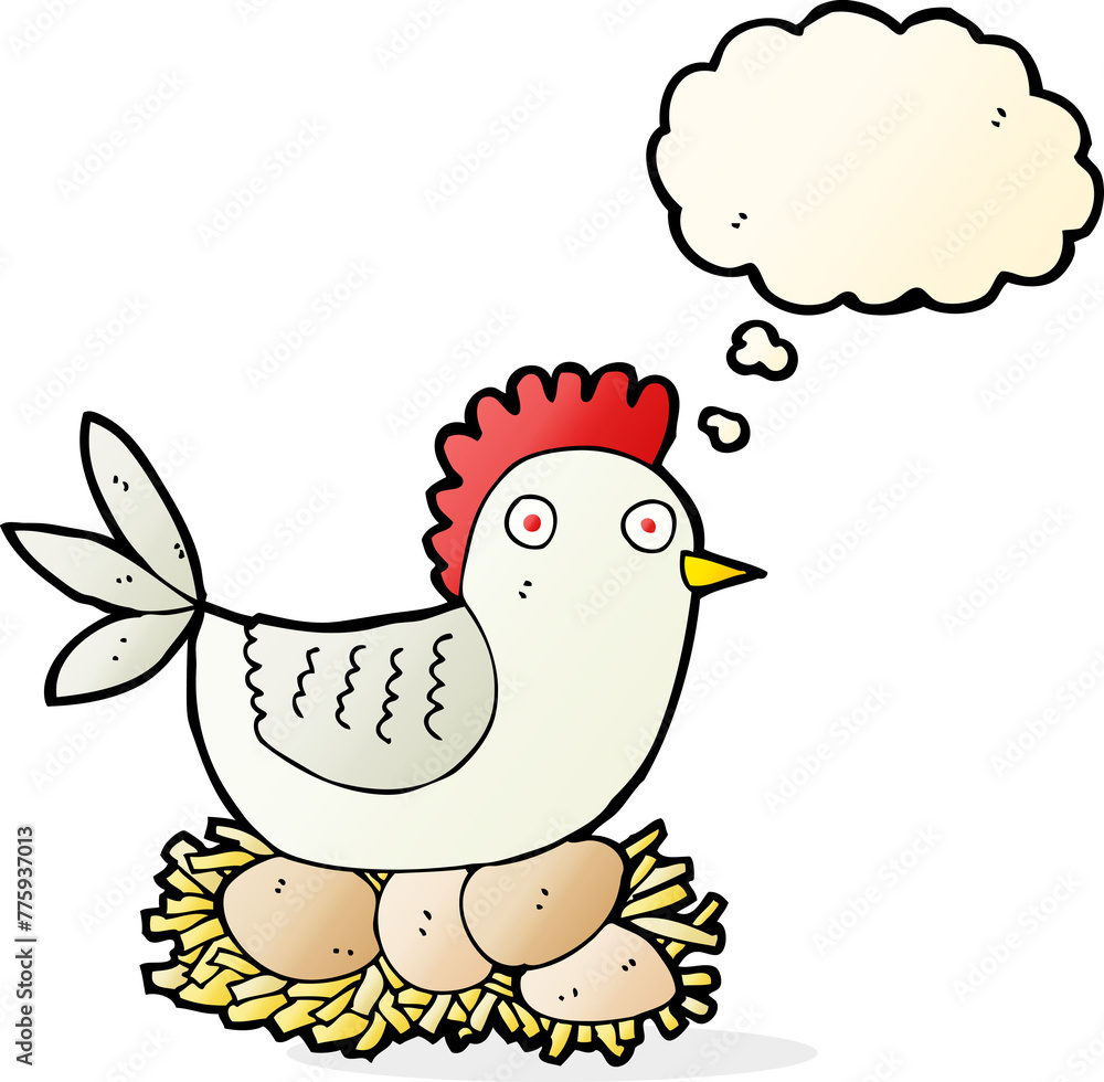 cartoon hen on eggs with thought bubble cartoon hen on eggs with thought bubble