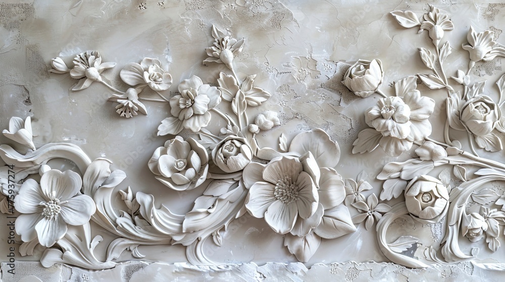 Light decorative texture of plaster wall with volumetric decorative flowers. - obrazy, fototapety, plakaty 