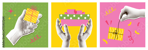 Hands gives presents Halftone Y2k collage posters vector set