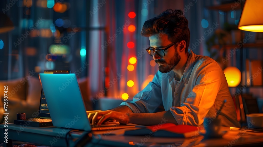Technology Entrepreneur Diligently Working Late into the Night in a Modern Urban Office Setting Technology Entrepreneur Diligently Working Late into the Night in a Modern Urban Office Setting