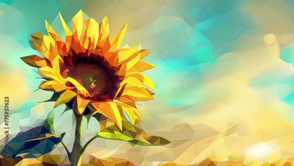 A sunflower is the main focus of this colorful and abstract painting ...
