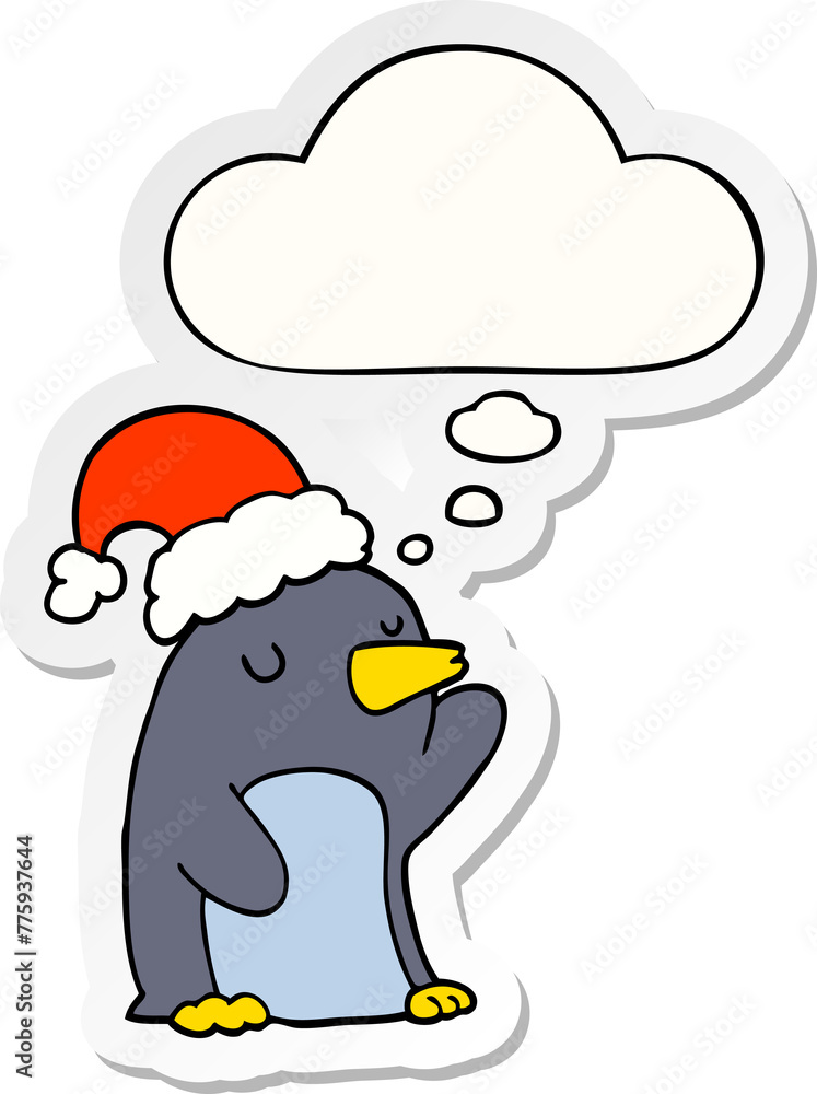 cute cartoon christmas penguin with thought bubble as a printed sticker cute cartoon christmas penguin with thought bubble as a printed sticker