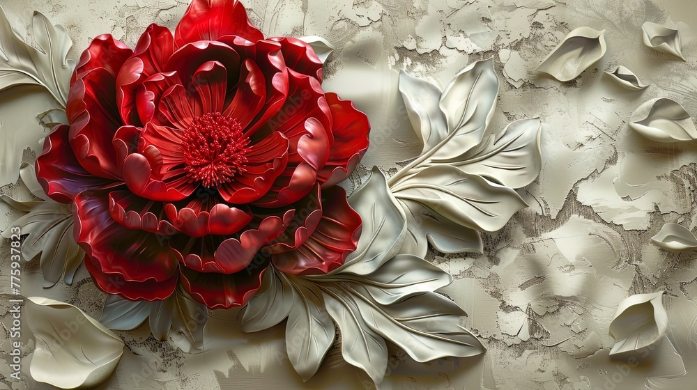 Fototapeta premium Red decorative volumetric peony flower on the background of a decorative wall.