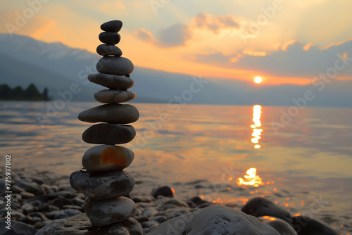 A delicate stack of balanced stones stands on the shore of a tranquil lake - the soft hues of the setting sun reflecting off the water\'s surface  - wide