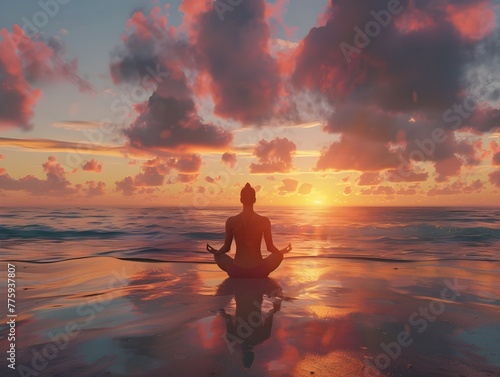 Traveler Meditating at Peaceful Sunset on Bali Beach Finding Tranquility in Wanderlust © Wuttichai