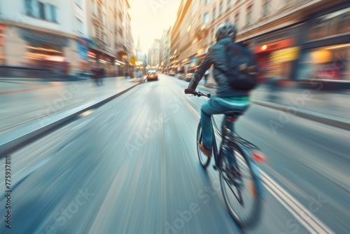 A man riding a bike down a street surrounded by tall buildings. Great for urban lifestyle concepts © Fotograf