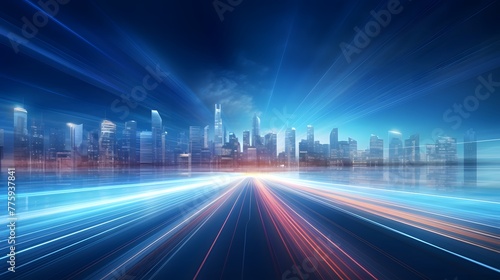 A city skyline with skyscrapers and flowing light trails. blurred motion effect. blue gradient sky, cityscape skyline in the style of urban technology.  For Design, Background, Cover, Poster, Banner, © horizor