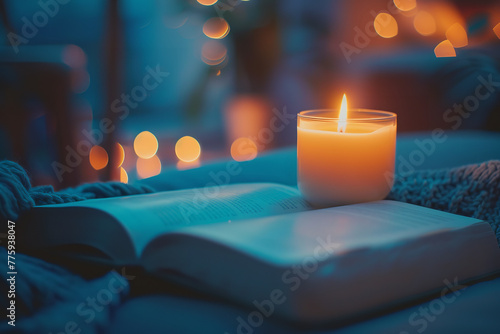 An open book featuring Zen poems lies next to a softly glowing candle - casting warm light on the textured paper and inviting peaceful reading  - wide photo