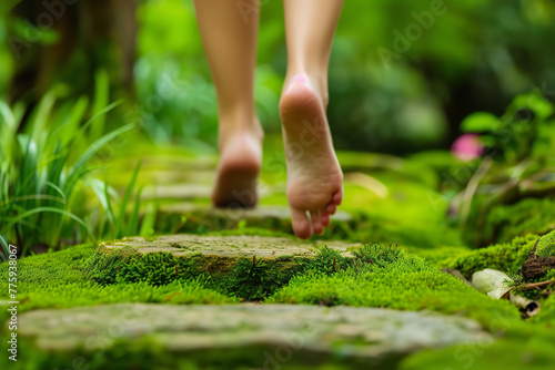 A pair of bare feet gently step on moss-covered stones - making a path through a peaceful Zen garden filled with greenery  - wide