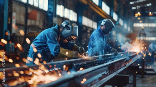 Group of men working on a piece of metal. Suitable for industrial concepts