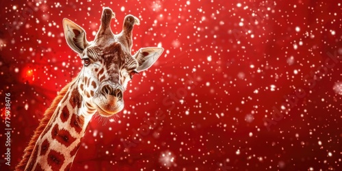 A majestic giraffe standing against a vibrant red backdrop. Perfect for wildlife and animal themes