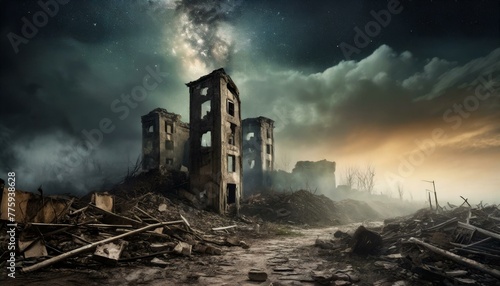 Ruine  eine Stadt, zerstörte Gebäude, nach eine Katastrophe.  photo
