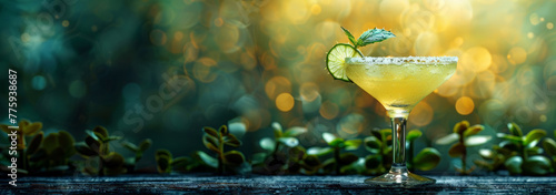  Aloe vera margarita cocktail with salty rim on a light blurred summer background.  Cold summer drink,  cocktail concept.  Blank luxury, commercial image, free place for text photo