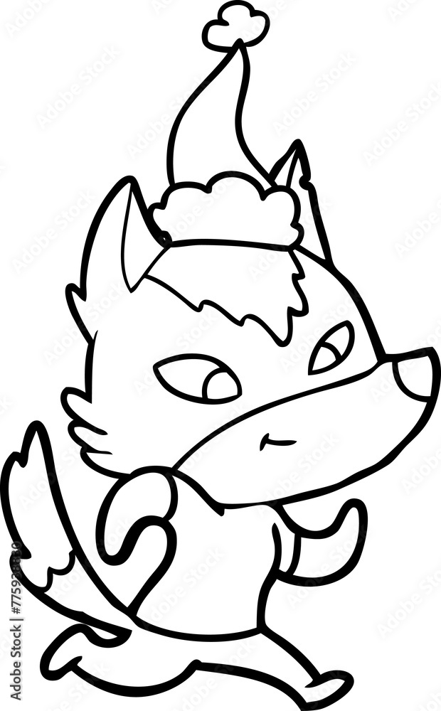 friendly hand drawn line drawing of a wolf wearing santa hat friendly hand drawn line drawing of a wolf wearing santa hat