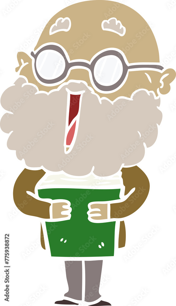 Naklejka premium flat color style cartoon joyful man with beard and book