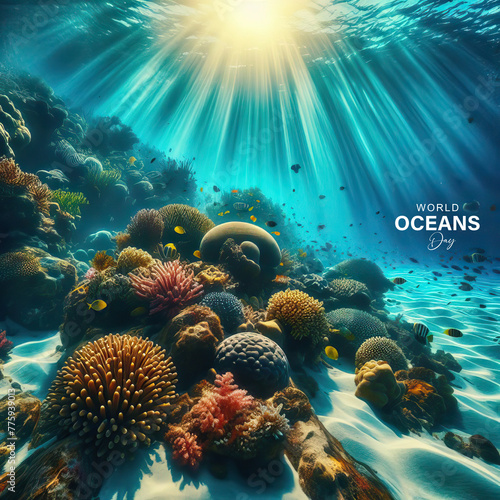 world ocean day, 8 June. world ocean day poster, shinny light coral, Happy World oceans day, sea plants, poster, banner, post, vector, dolphin. shark, coral. sea plants, oceans day, vector design.  photo