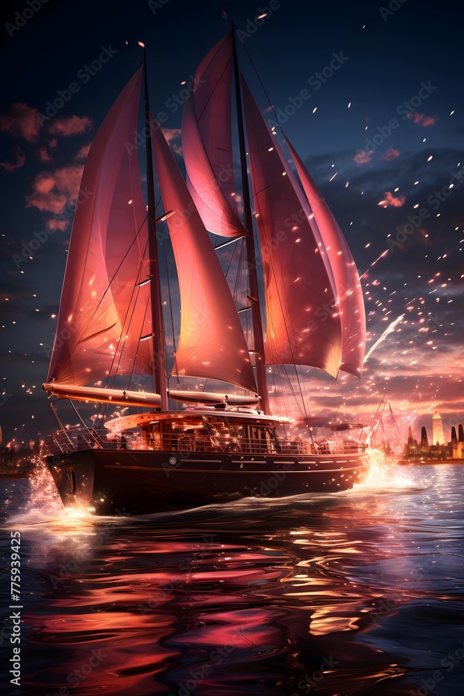 Sailing ship in the night sky. 3d render illustration.