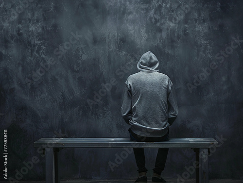 Anxiety solitary man in hoodie sitting on bench from behind against empty dark grey background with copy space 