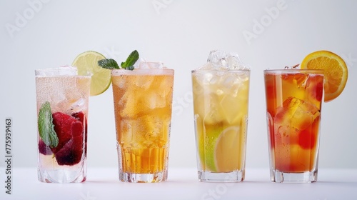Row of four glasses filled with various beverages. Suitable for menu design