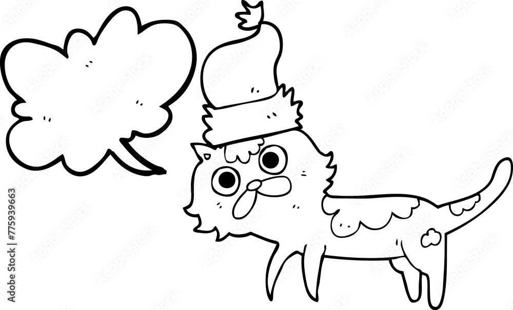 freehand drawn speech bubble cartoon cat wearing christmas hat freehand drawn speech bubble cartoon cat wearing christmas hat