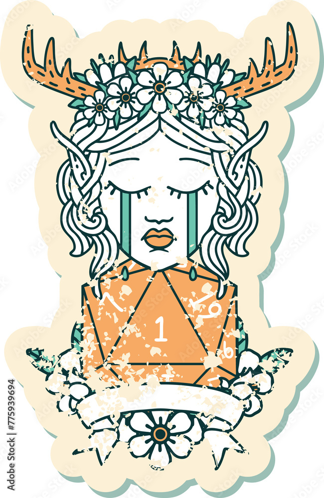 Retro Tattoo Style sad elf druid character face with natural one D20 roll Retro Tattoo Style sad elf druid character face with natural one D20 roll