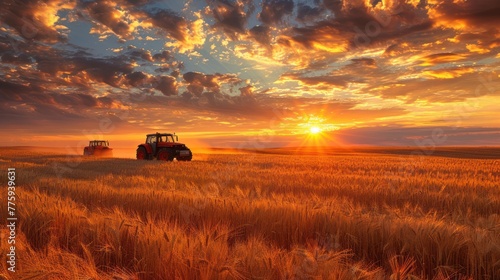 Majestic Tractor Journey Through Wheat Field Sunset
