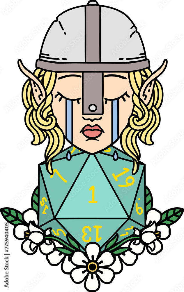 Retro Tattoo Style sad elf fighter character with natural one d20 roll Retro Tattoo Style sad elf fighter character with natural one d20 roll