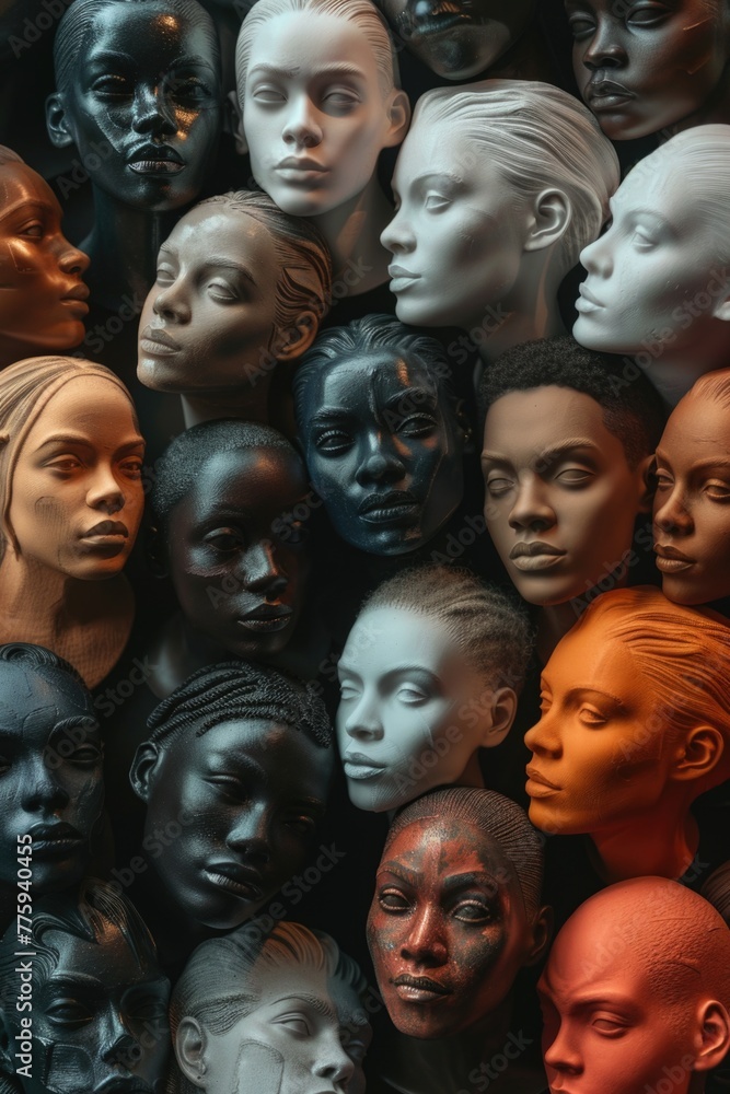 A group of mannequin heads sitting on top of a table. Perfect for fashion or retail concepts A group of mannequin heads sitting on top of a table. Perfect for fashion or retail concepts