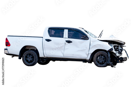 Car crash, Side view of white pickup car get hard damaged by accident on the road. damaged cars after collision. isolated on transparent background, PNG File