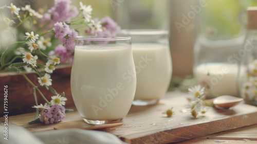 A glass of milk on a wooden cutting board. Suitable for food and beverage concepts