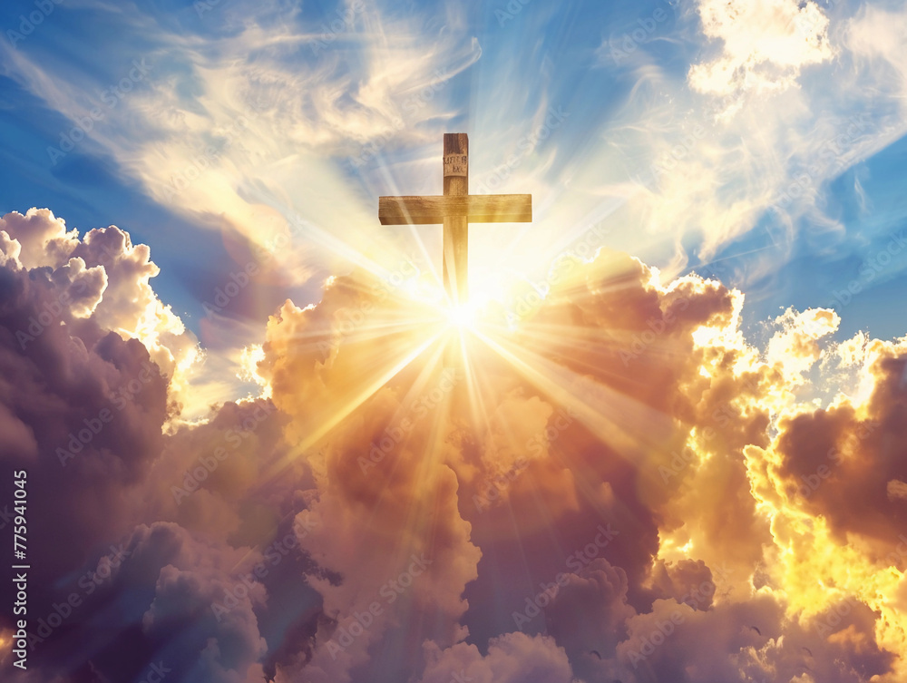 Cross in the clouds and rays of sun, power of faith concept Cross in the clouds and rays of sun, power of faith concept