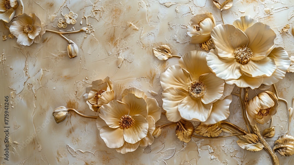 Light decorative texture of a plaster wall with voluminous decorative flowers and golden elements. - obrazy, fototapety, plakaty 