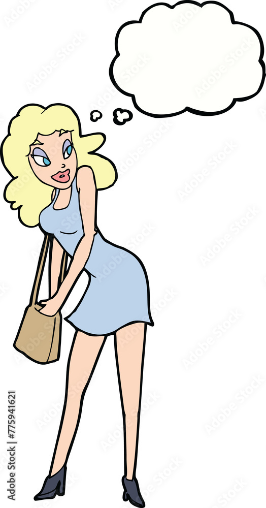 cartoon woman looking in handbag with thought bubble cartoon woman looking in handbag with thought bubble