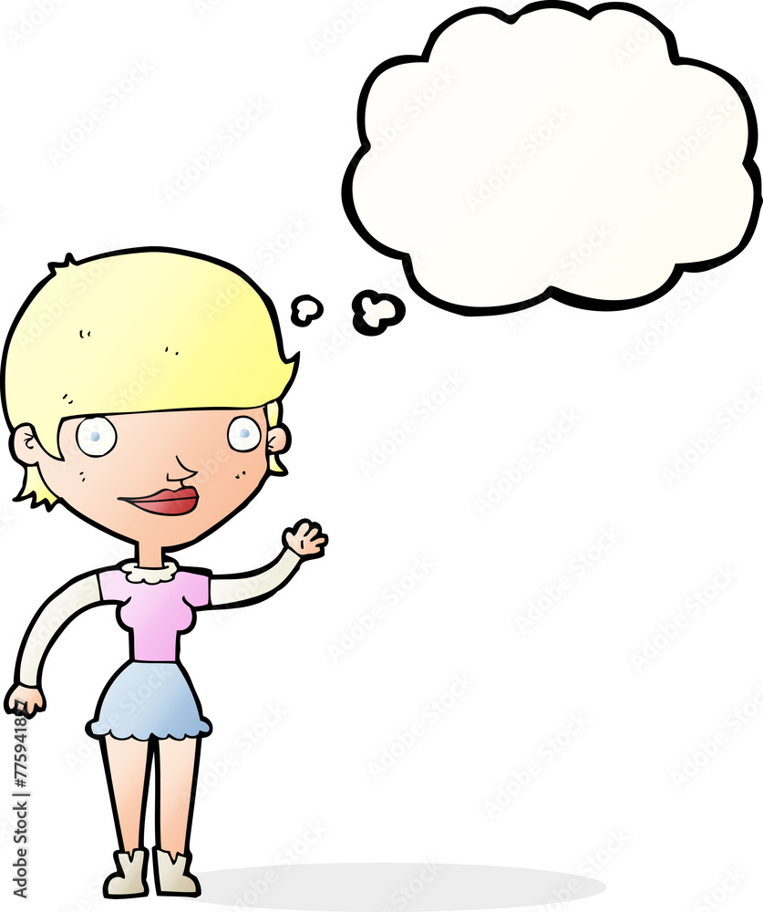 cartoon woman with idea with thought bubble cartoon woman with idea with thought bubble
