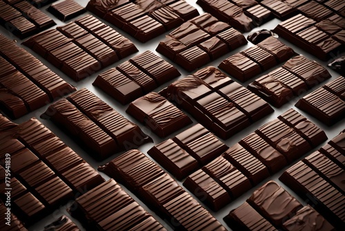 Dark chocolate bars arranged in an abstract composition, each piece showcasing its own unique texture and shine.