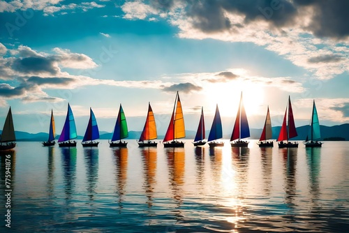 A row of sailboats gliding across a calm lake, with their colorful sails adding a sense of movement and adventure.