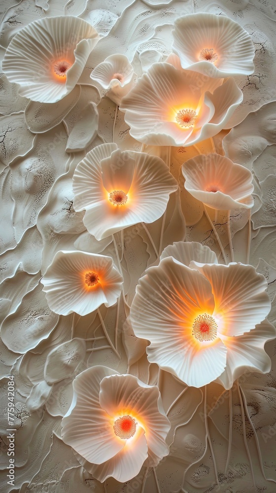 Fototapeta premium Decorative volumetric flowers with neon lighting.