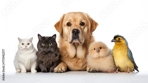 A row of dogs with cats and exotic birds sit on a white background. Poster mockup for a veterinary clinic or pet store. Free space for product placement or advertising text.