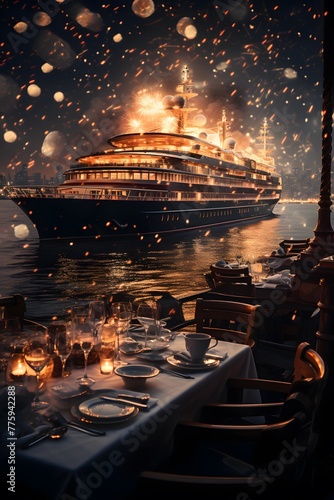 Christmas dinner with a cruise ship and snowflakes on the water photo