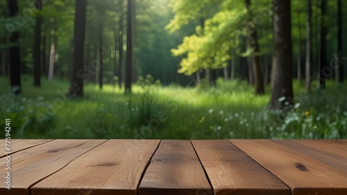 a Wooden table and spring forest background Generative AI