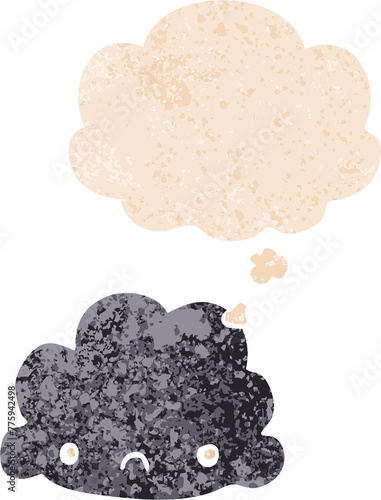 cartoon cloud with thought bubble in grunge distressed retro textured style