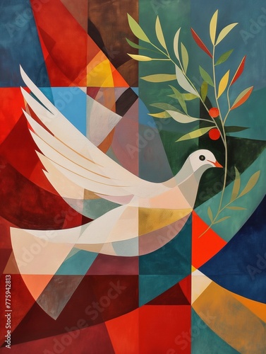 Beautiful design with dove of peace on abstract background in vivid, vibrant colors, naive simple drawing, white flying bird holding olive tree branch in its beak, nice symbol of hope and friendship