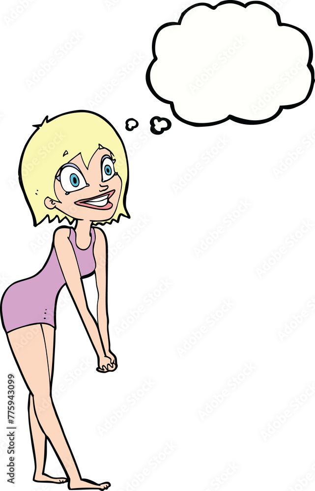 cartoon excited woman with thought bubble